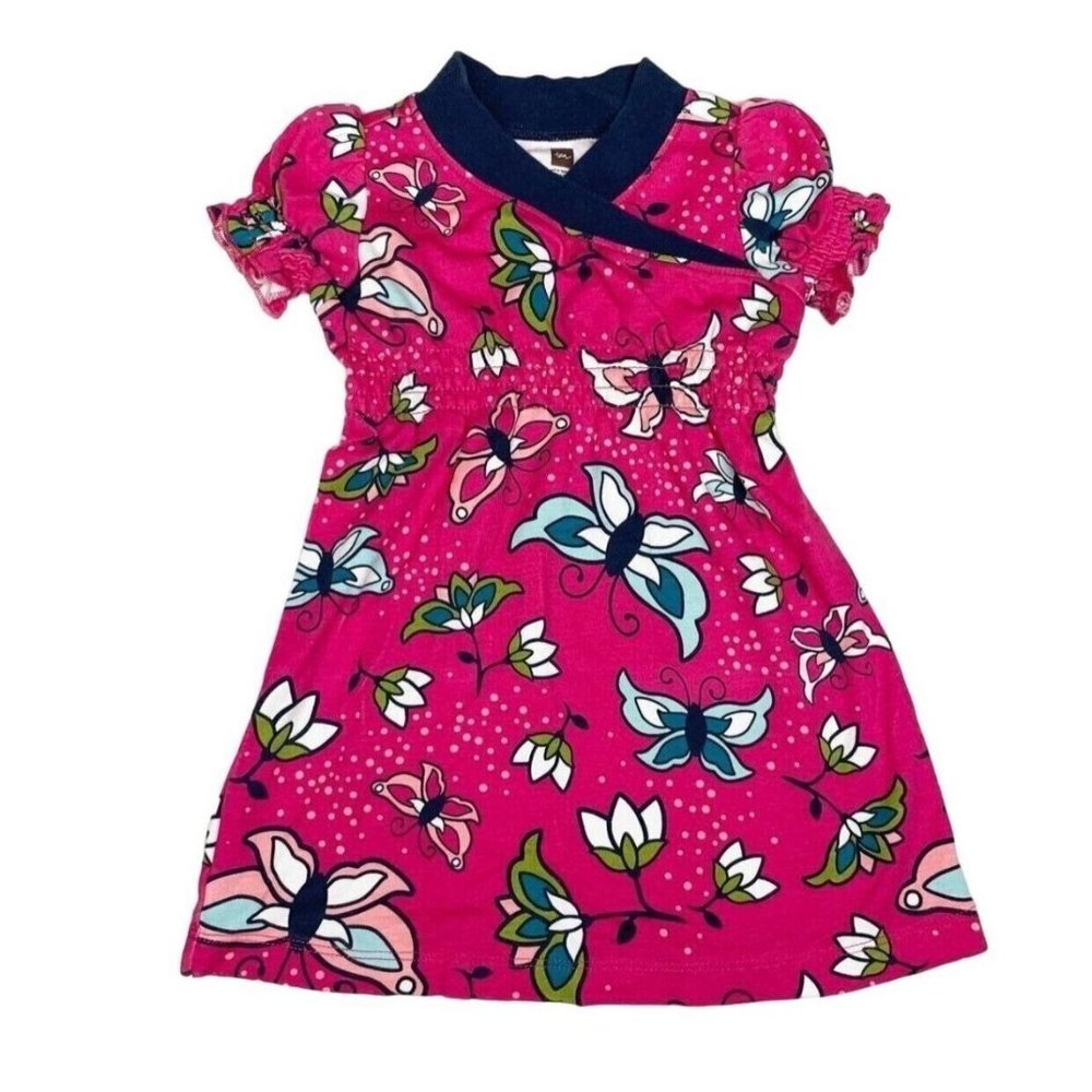 Tea Collection Butterfly Print Wrap Neck Dress 12-18 Months Pink Blue Multi